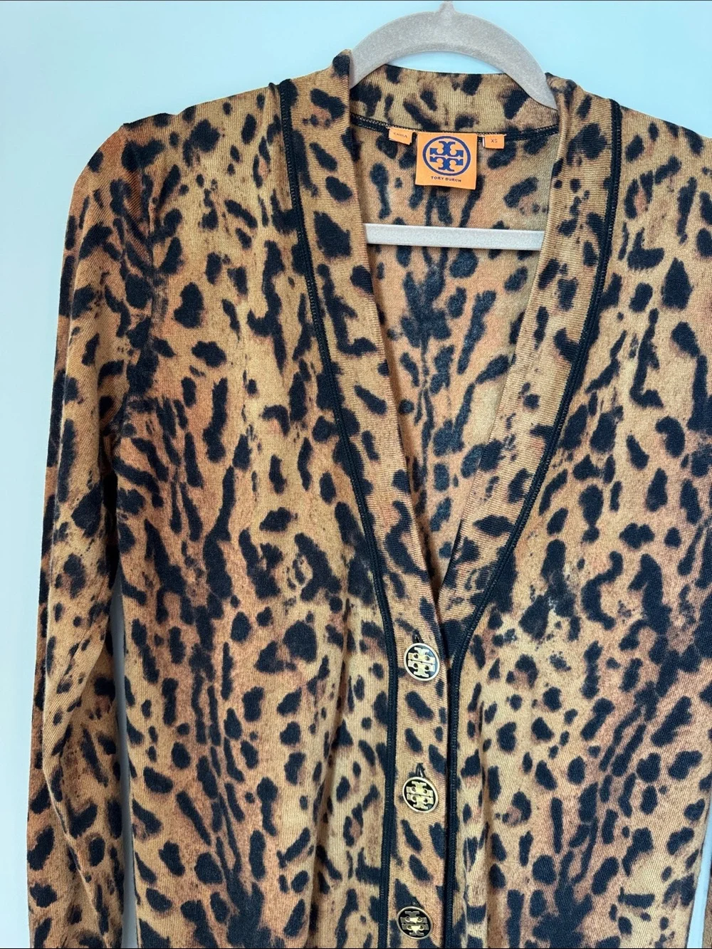 Tory Burch Leopard-Print Cardigan — Black & Tan